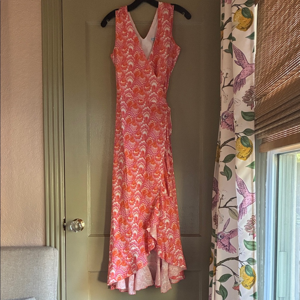 J.McLaughlin Cerise Pink and Orange Linen Blend Wrap Ruffle Dress- small